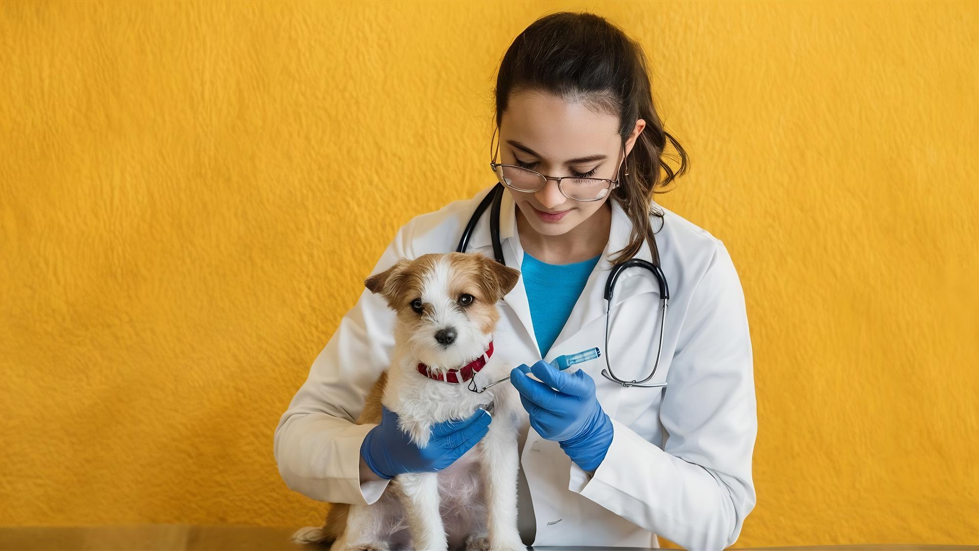 Vista frontal de uma veterinária injetando um cãozinho em uma parede amarela