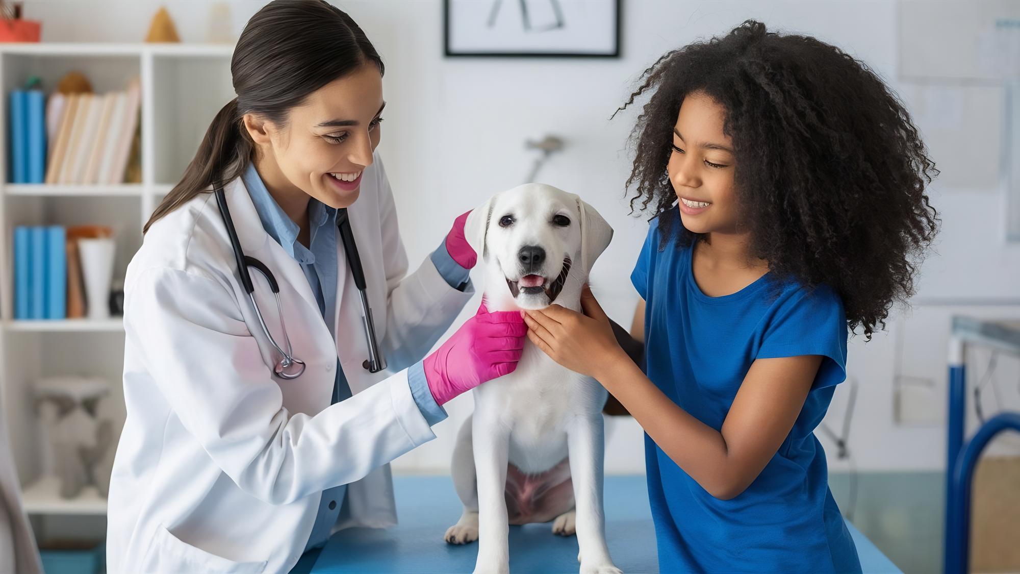 Menina escovando seu cachorro no veterinário