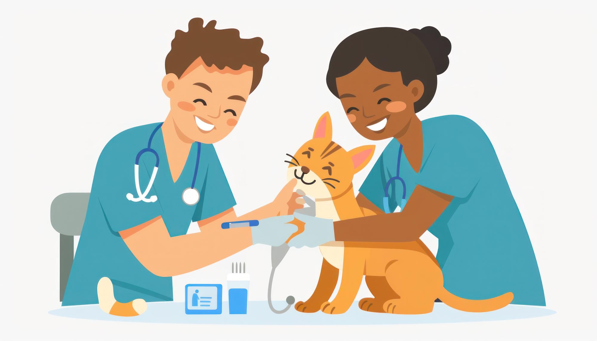 Dois veterinários examinando um gato compartilhando um sorriso e interação feliz na mesa