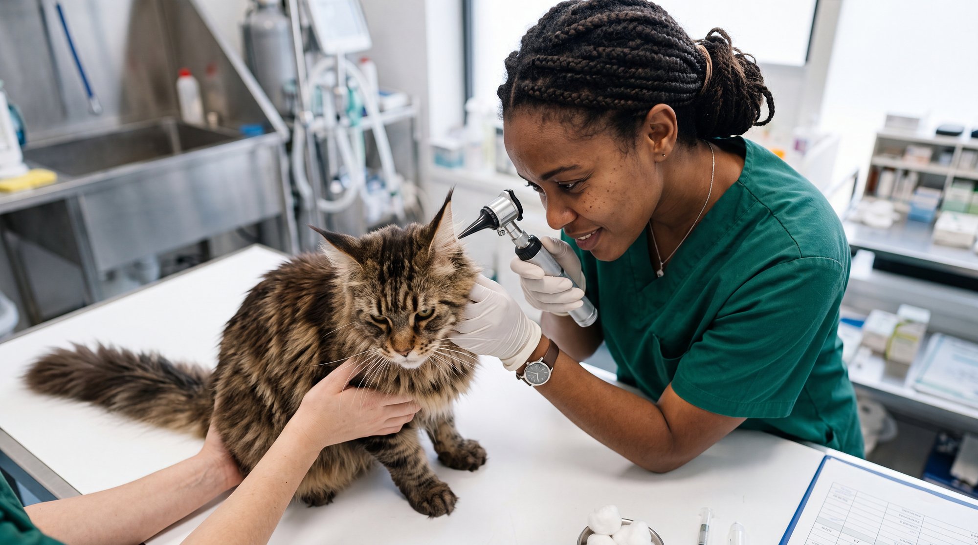 Veterinária Negra Examinando a Orelha de um Gato Maine Coon com Otoscópio