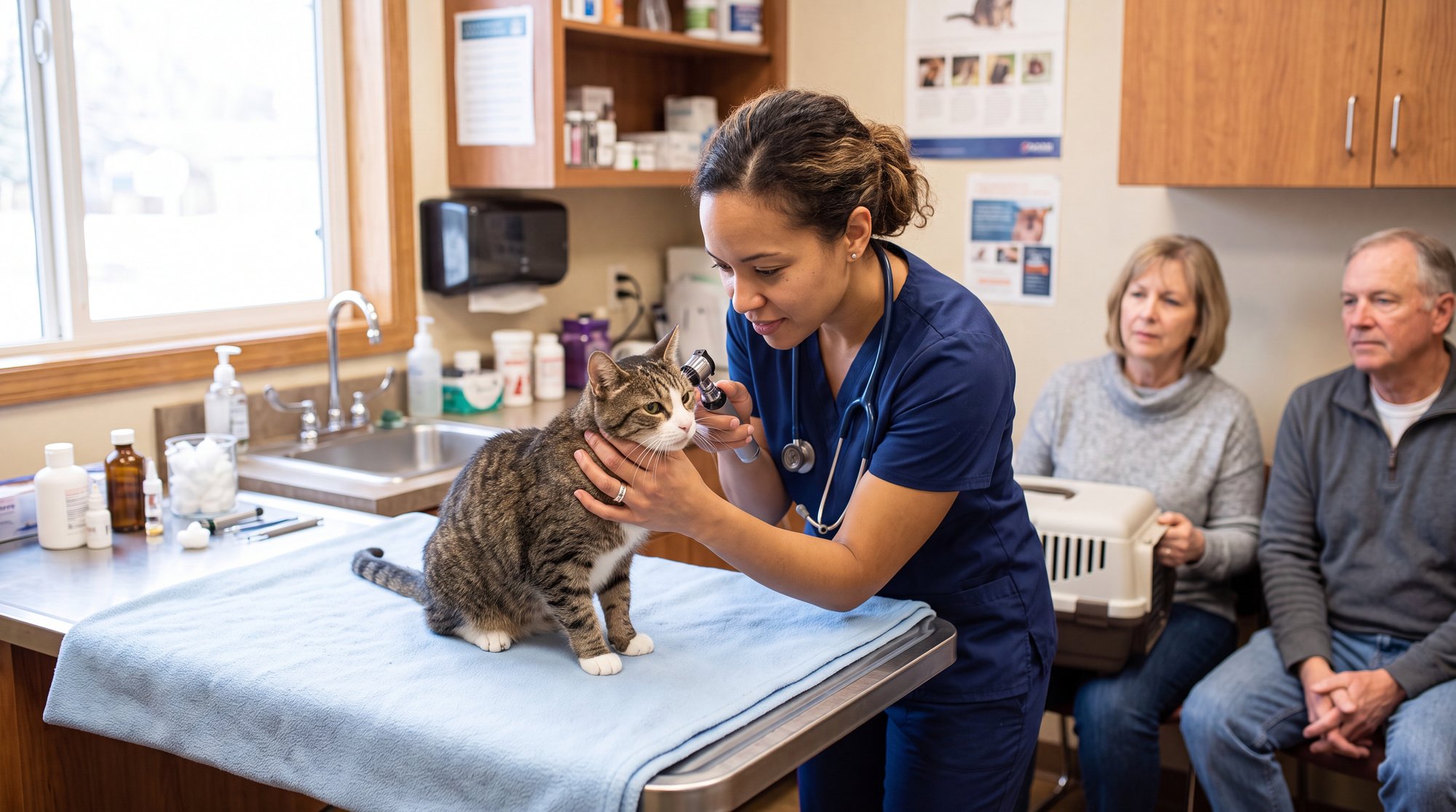 Veterinária latina de uniforme azul examinando orelha de gato