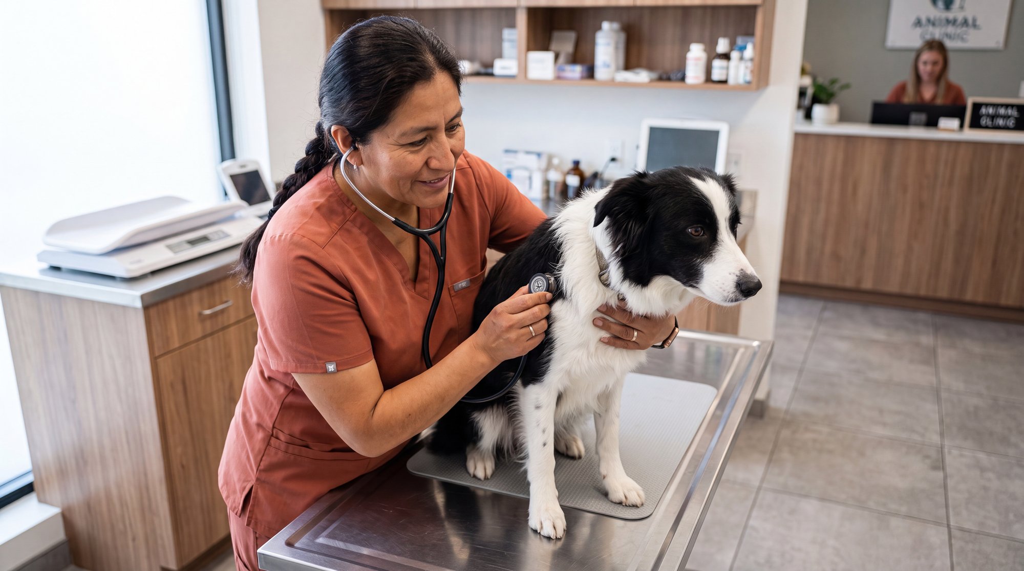 Veterinária Hispânica Examinando Border Collie em Clínica Veterinária.