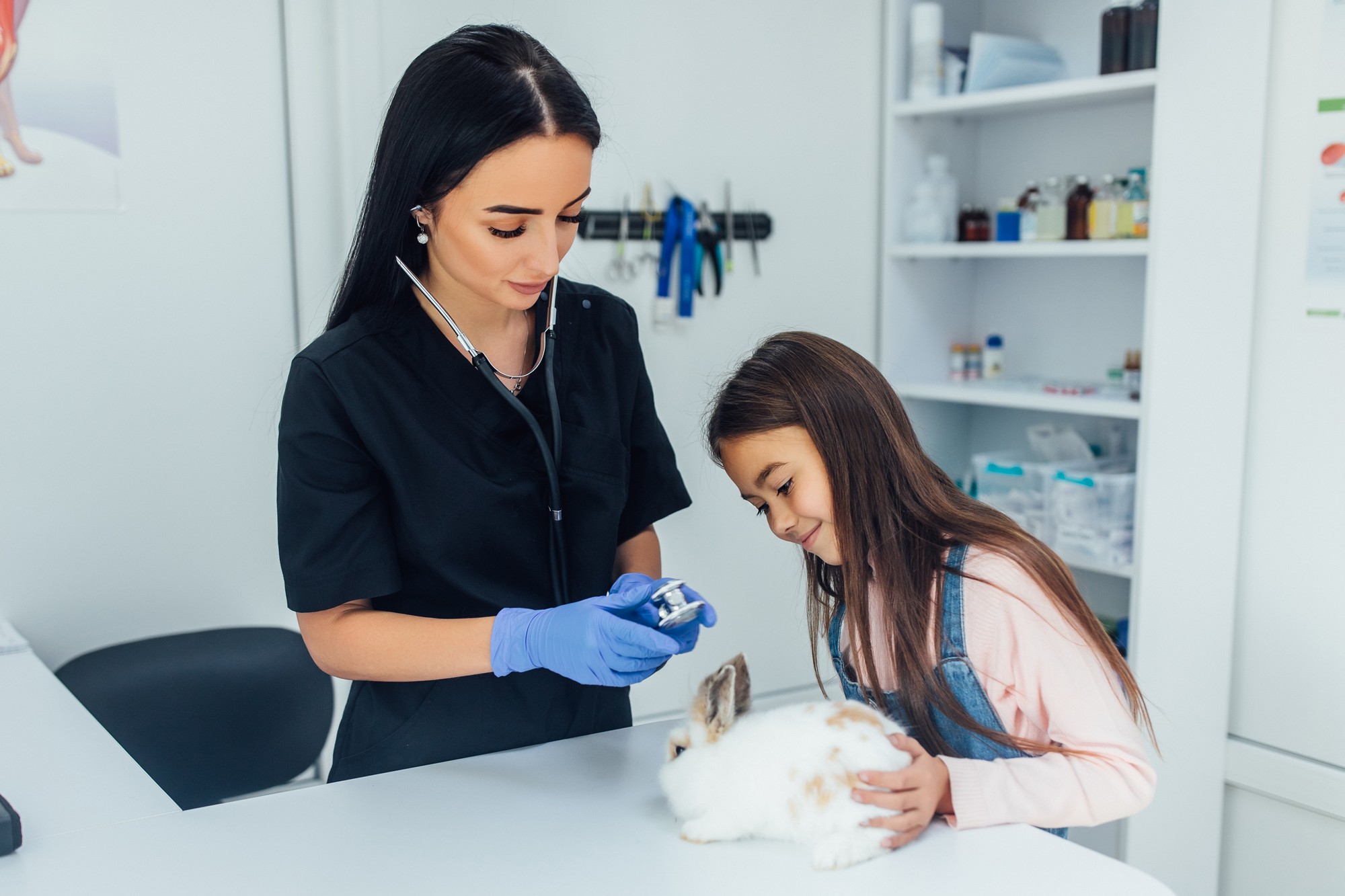 Mulher veterinária e criança fofa discutindo tratamento de coelho na clínica de animais de estimação.