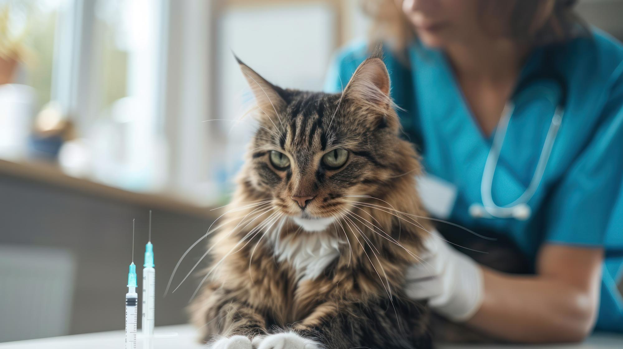 Um gato fofinho recebe cuidados veterinários de um profissional que usa roupas e luvas Closeup do c