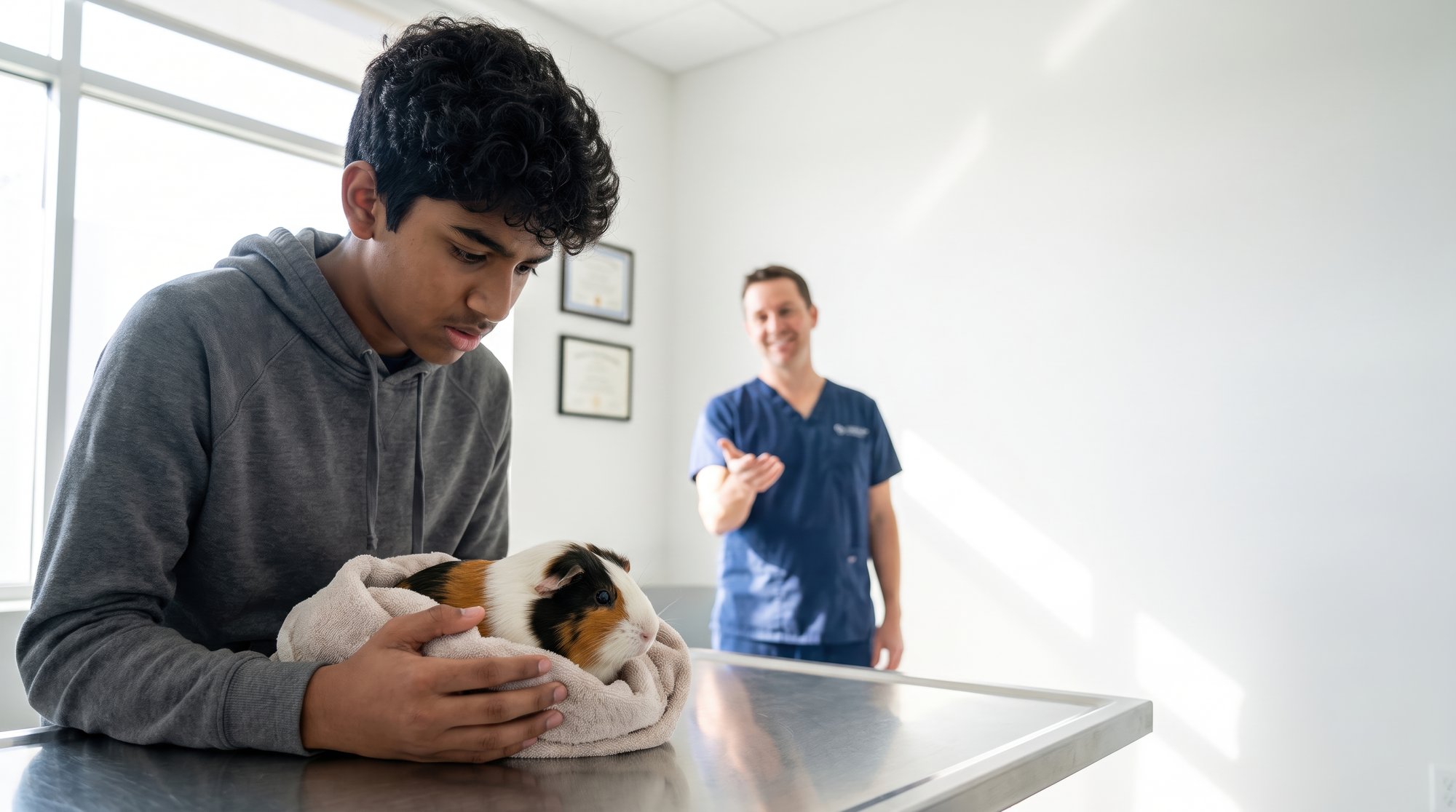 Adolescente segura porquinho-da-índia de estimação em mesa de exame. Cena profissional de saúde animal. Útil para..