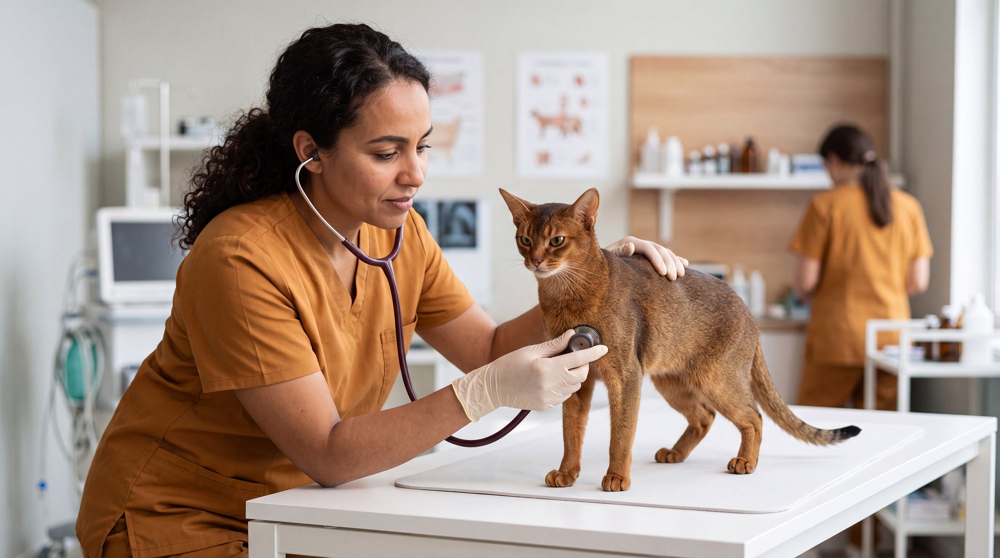Veterinária Latina de Scrubs Laranja Examinando Gato Abissínio