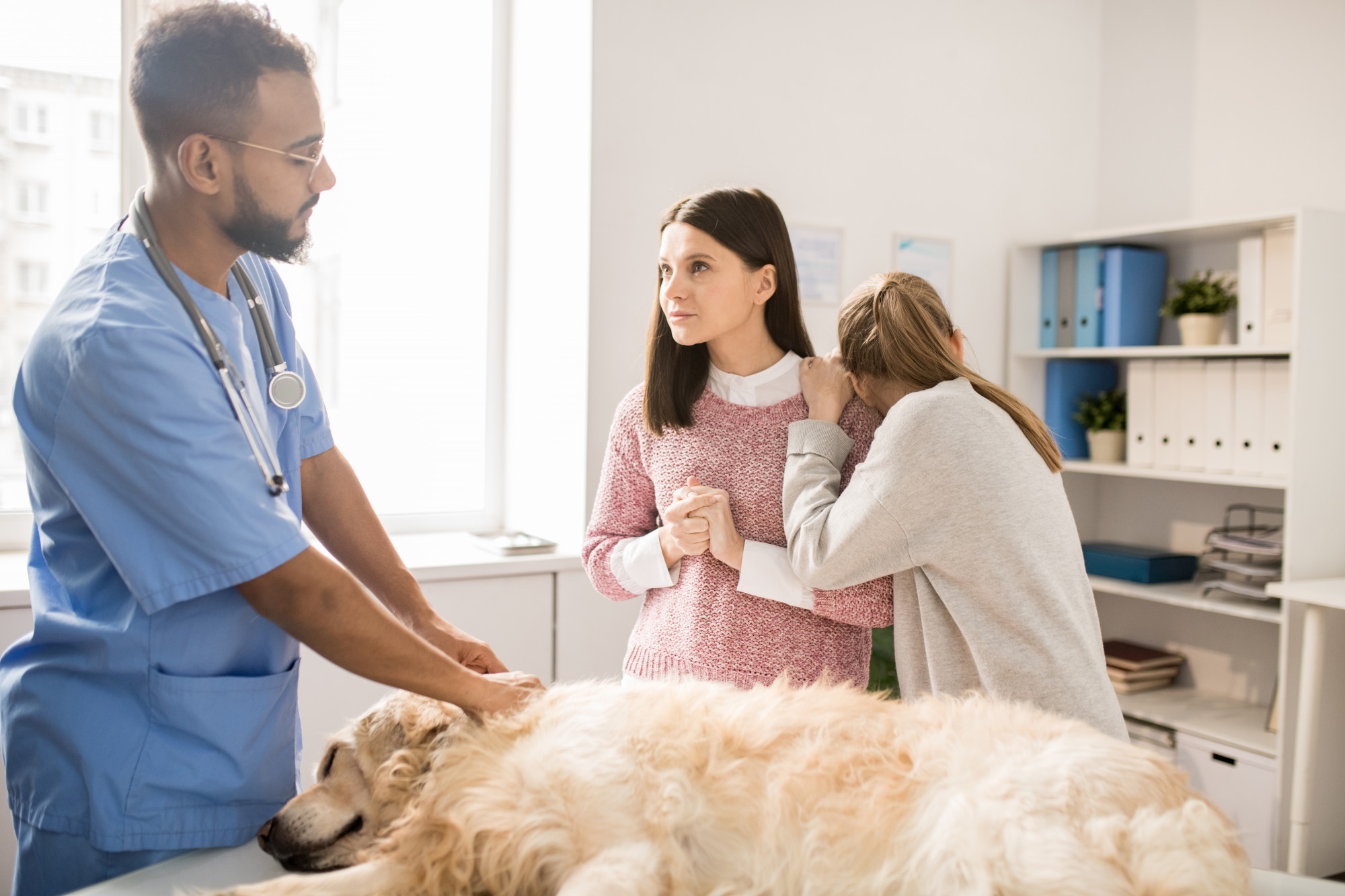 Jovem veterinário fazendo procedimento médico para cachorro doente e consultoria preocupada mulher e sua filha em clínicas