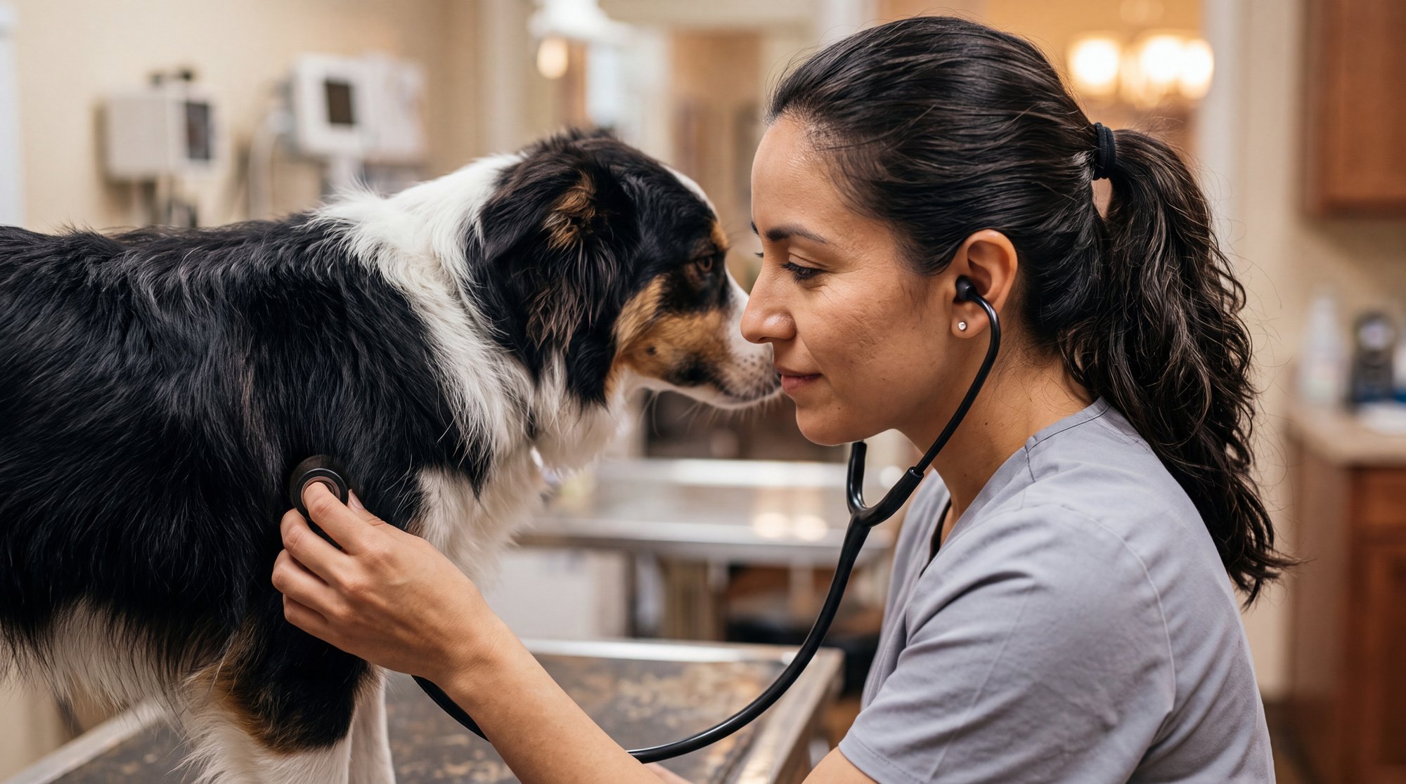 Veterinária Hispânica de Uniforme Cinza Examinando Pastor Australiano