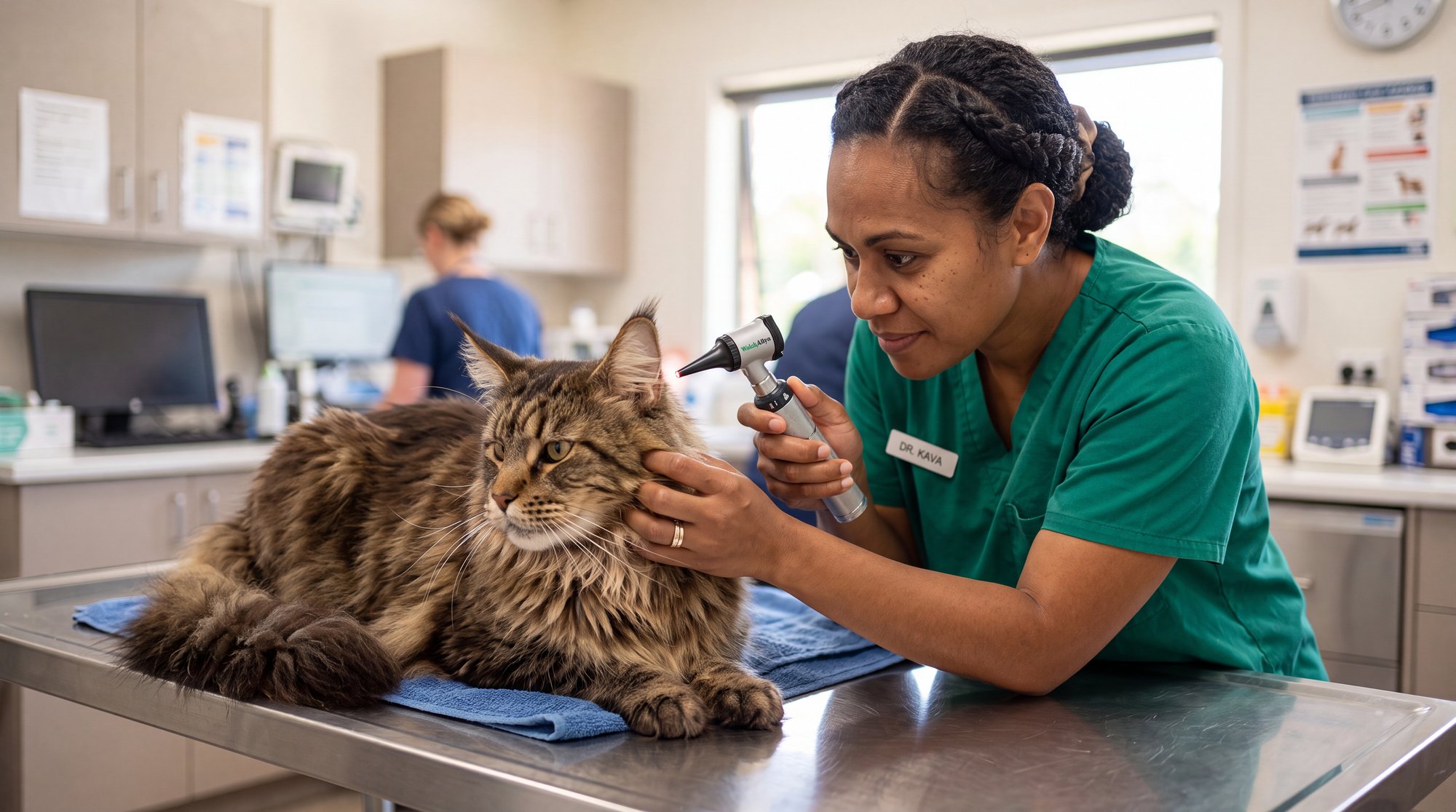 Veterinária de uniforme verde examinando a orelha de um gato Maine Coon
