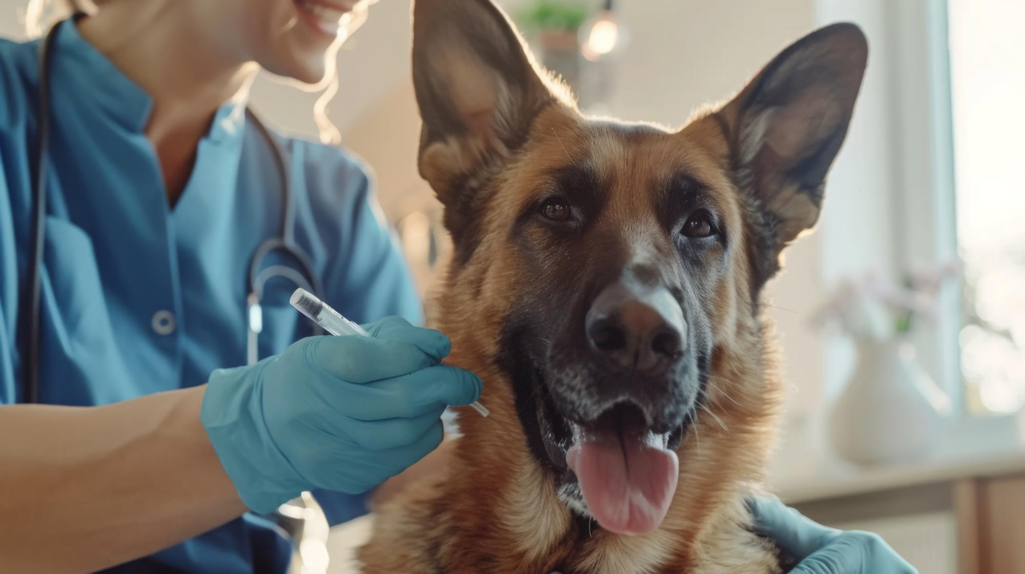 Um veterinário administra uma vacina a um feliz pastor alemão em uma clínica brilhante e alegre