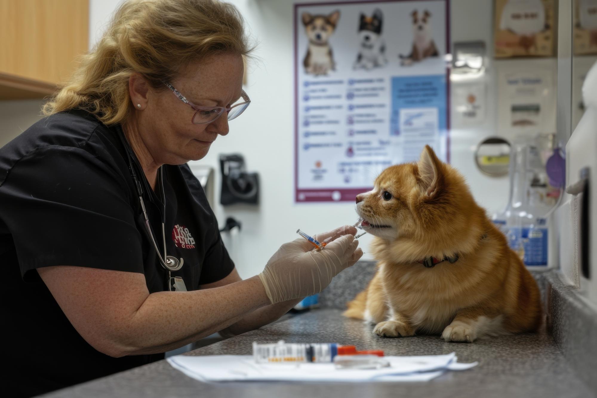 Veterinário administrando a vacina a um cão numa clínica durante a consulta diurna