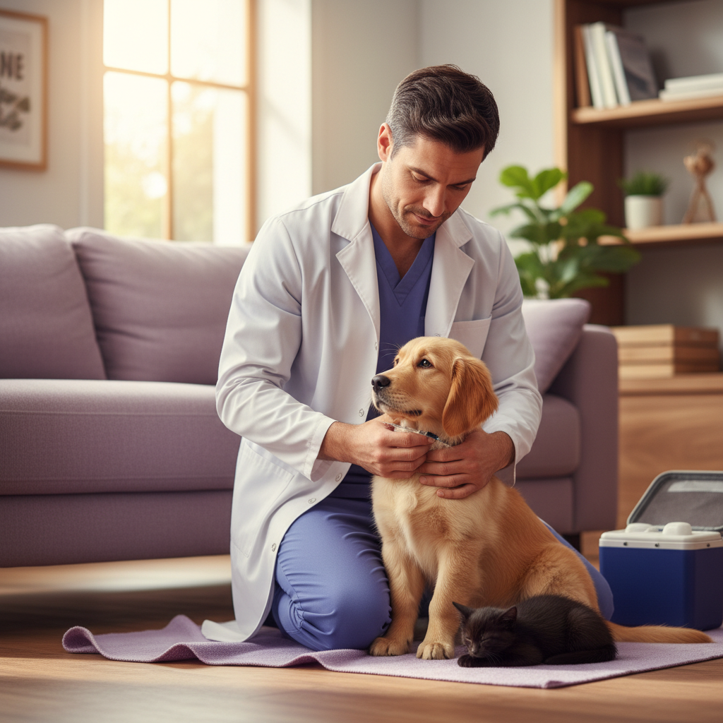 Médico veterinário examinando um gatinho filhote em uma mesa de jantar residencial com luz natural