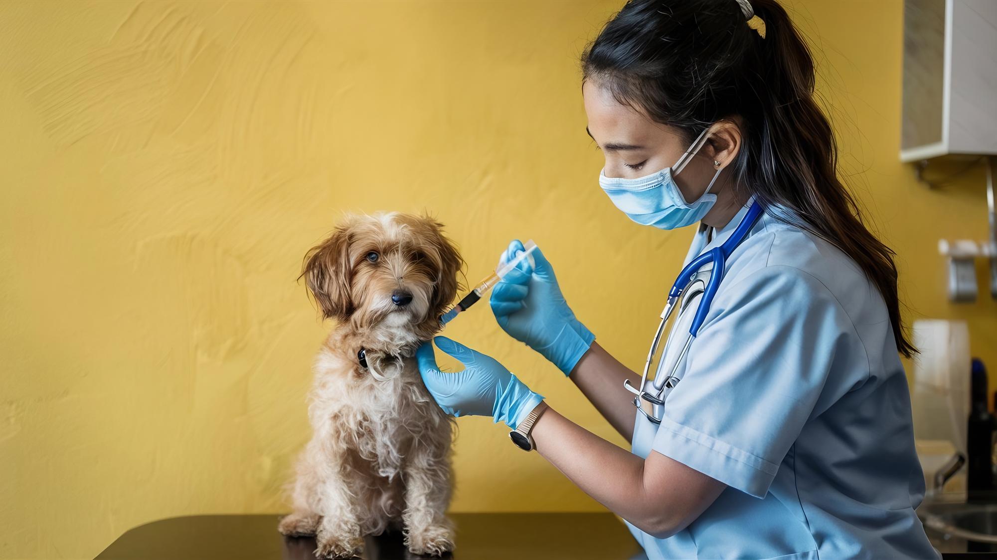 Vista frontal de uma veterinária injetando um cãozinho em uma parede amarela