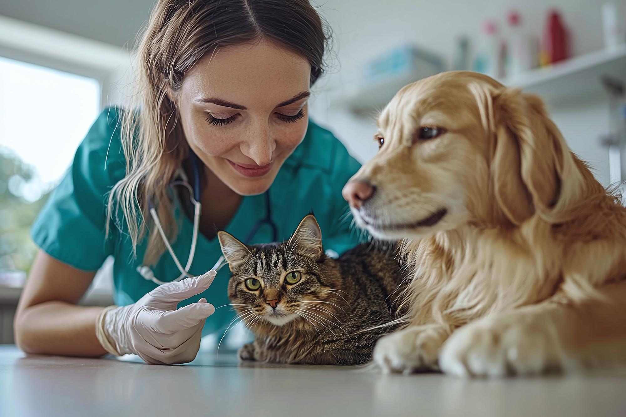 um veterinário examina um gato com um estetoscópio