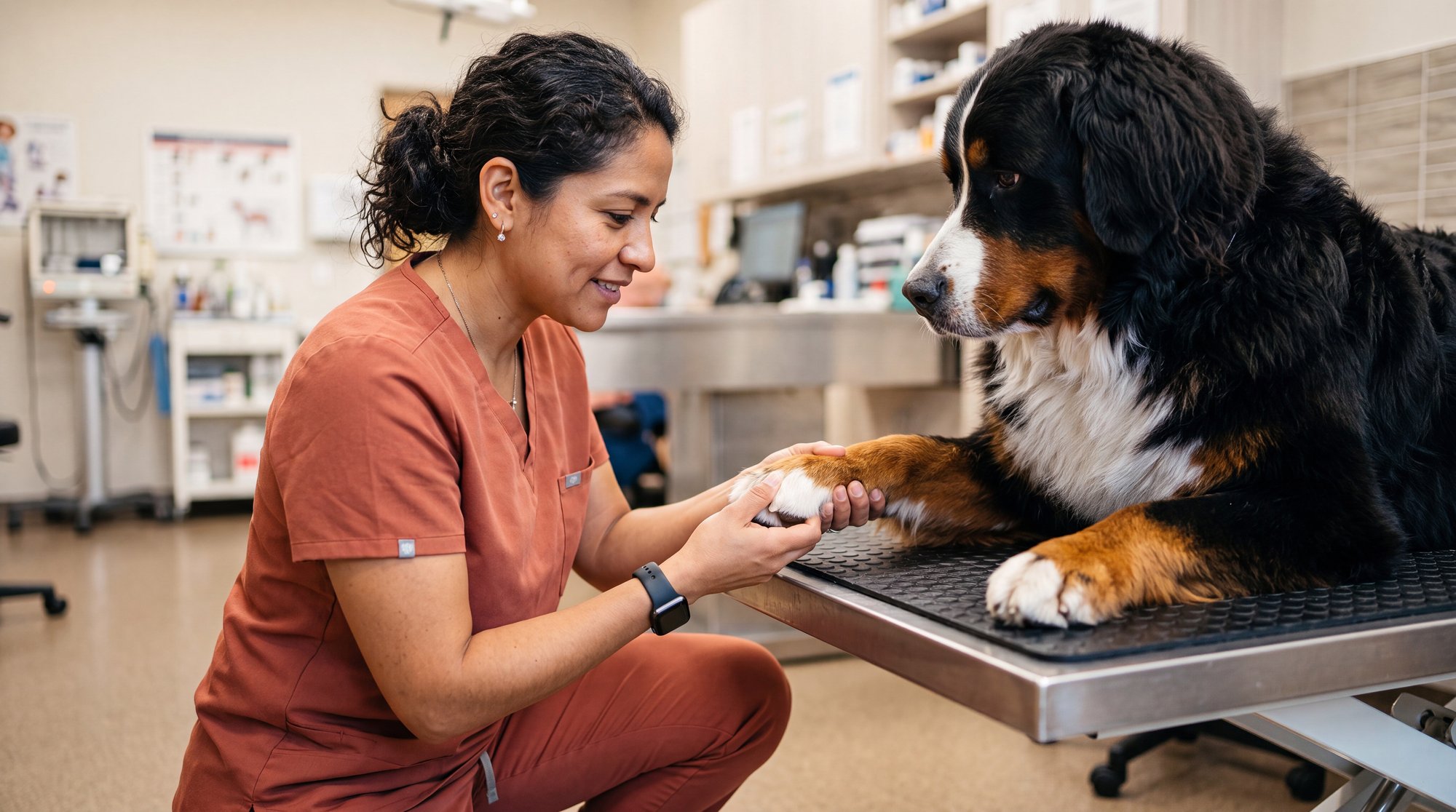 Veterinária hispânica em pijama cirúrgico terracota examinando Boiadeiro Bernês.