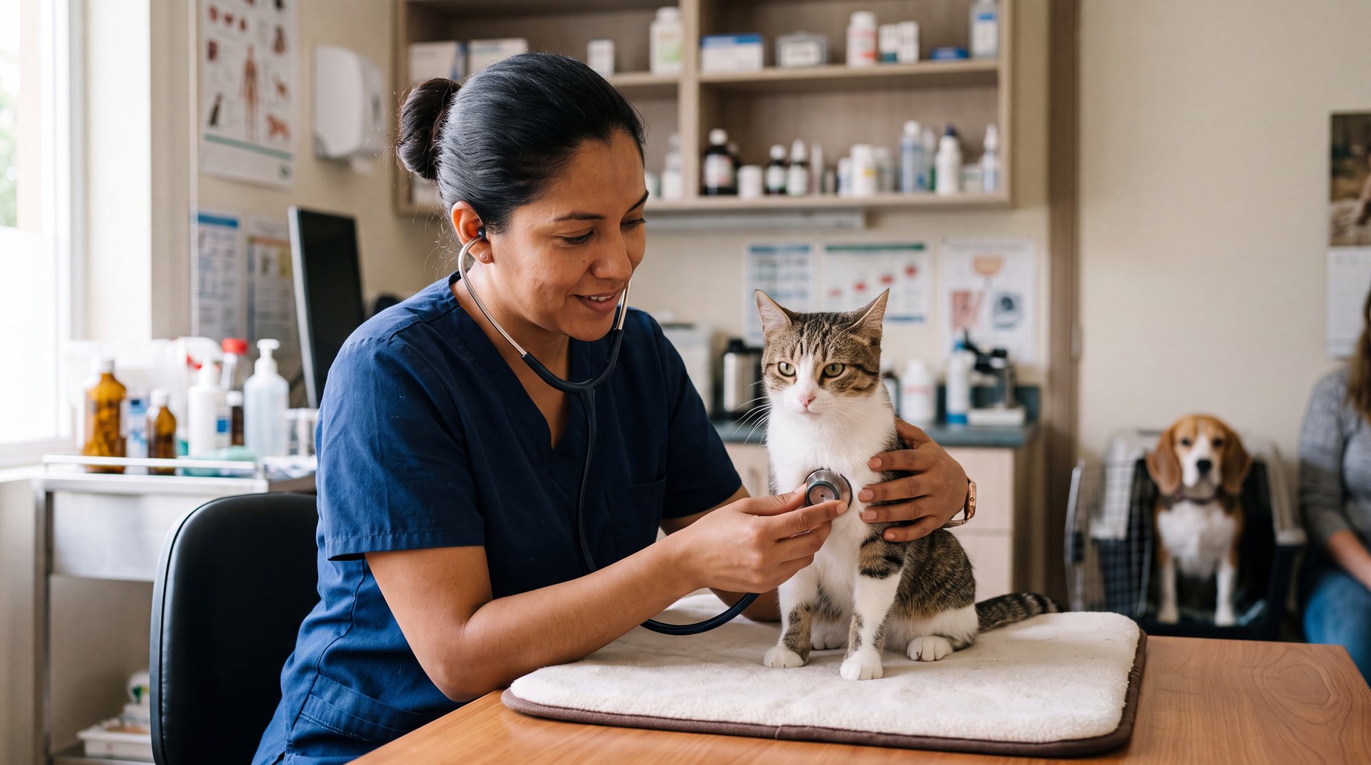 Veterinária Latina Com Uniforme Cirúrgico Azul Examinando Gato Com Estetoscópio