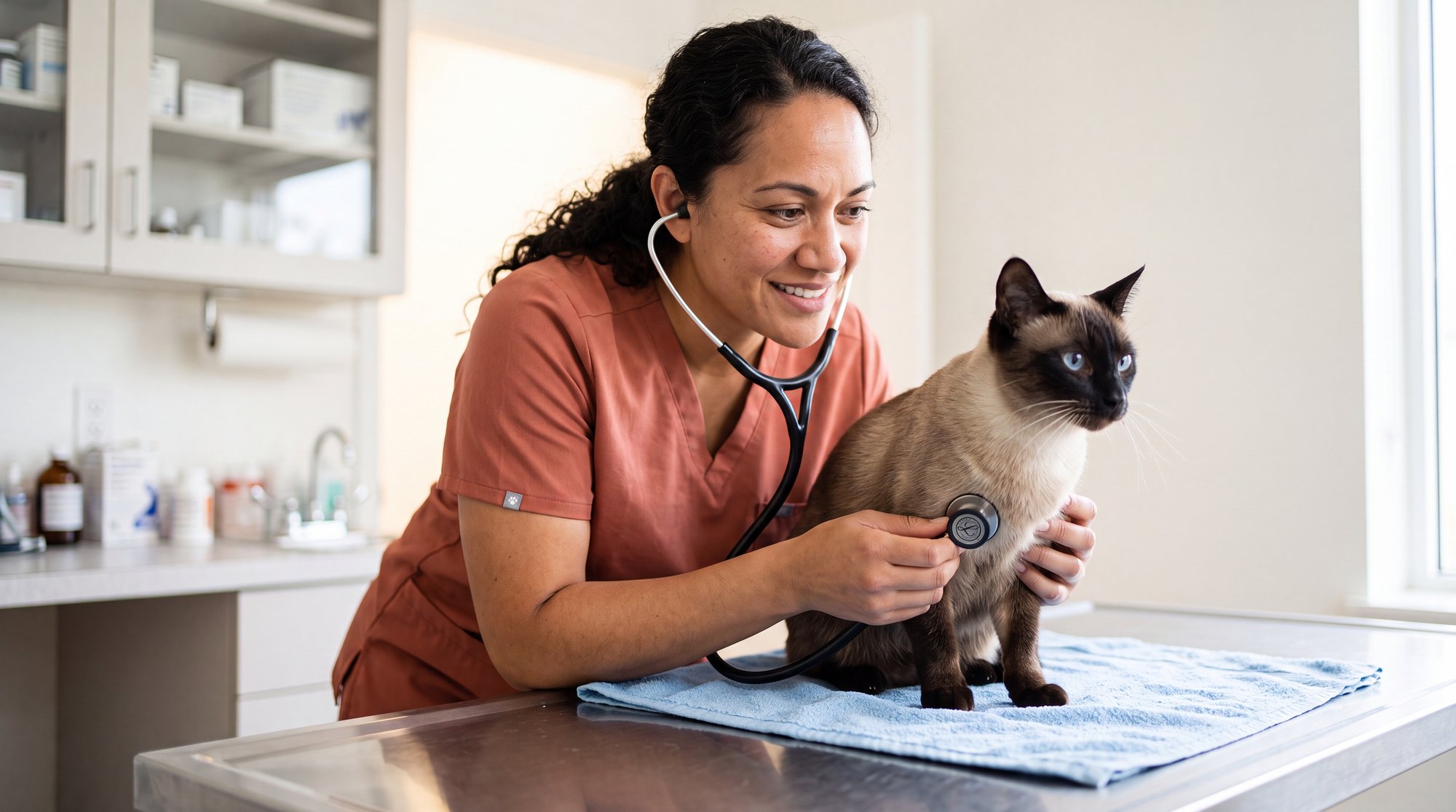 Veterinária hispânica sorridente de uniforme marrom examinando um gato siamês