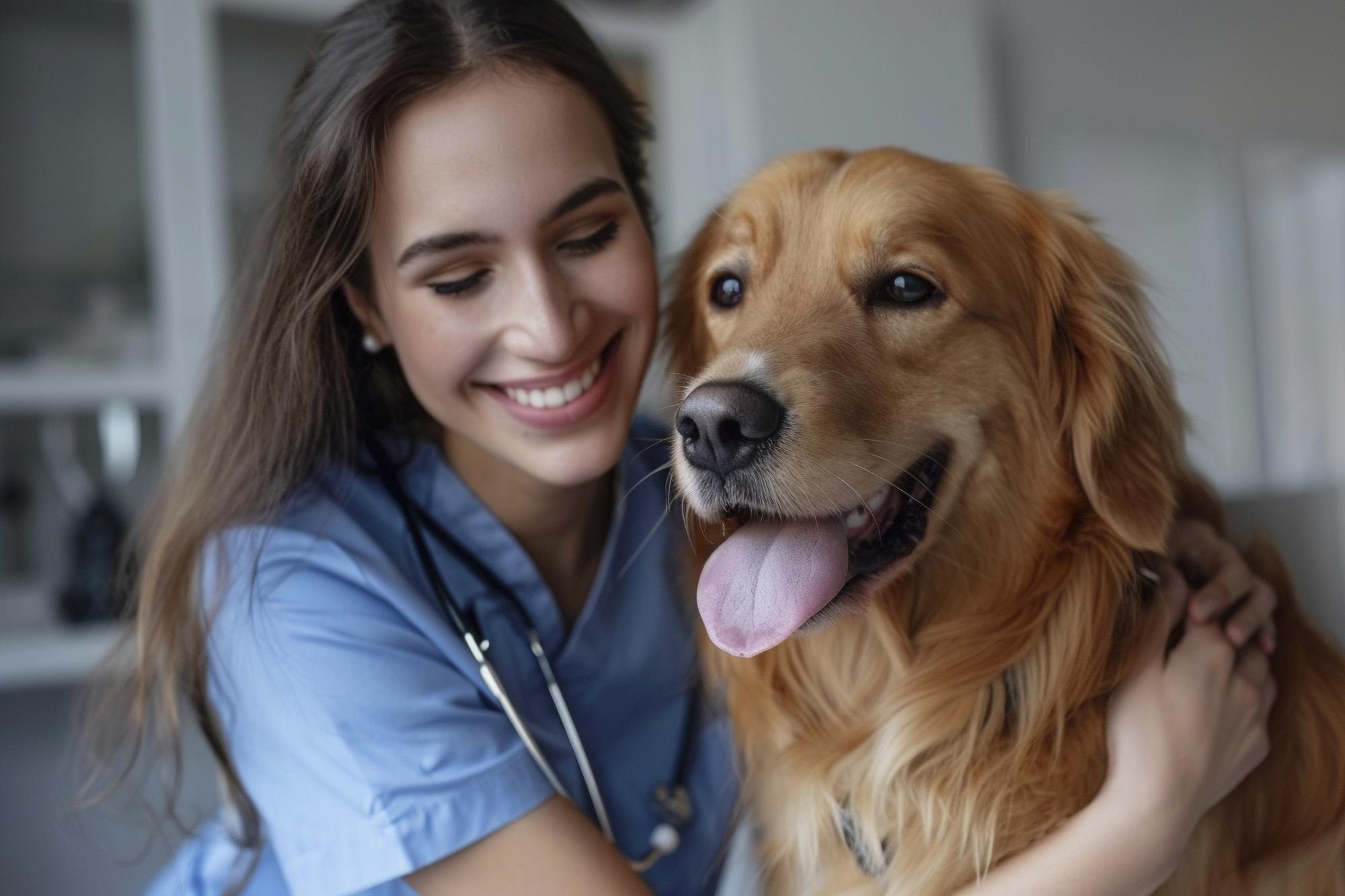 Uma bela veterinária examinando um bonito veterinário de animais.