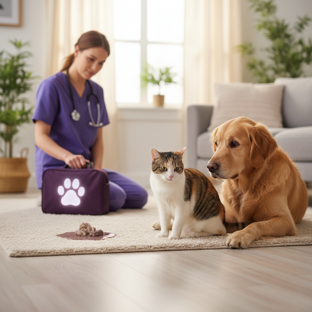 Veterinário realizando exame clínico em um gato calmo dentro de uma sala de estar bem iluminada