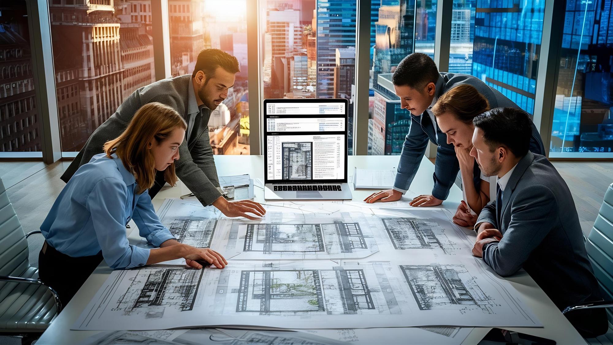 Colaboradores no escritório com planos de arquitetura e um computador