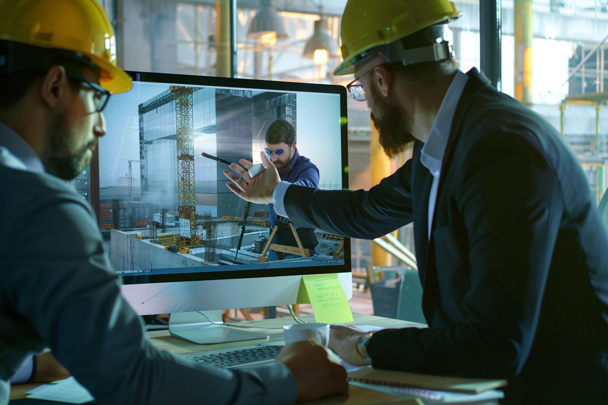 uma pessoa está usando um computador e explicando a construção do edifício para outros no fundo
