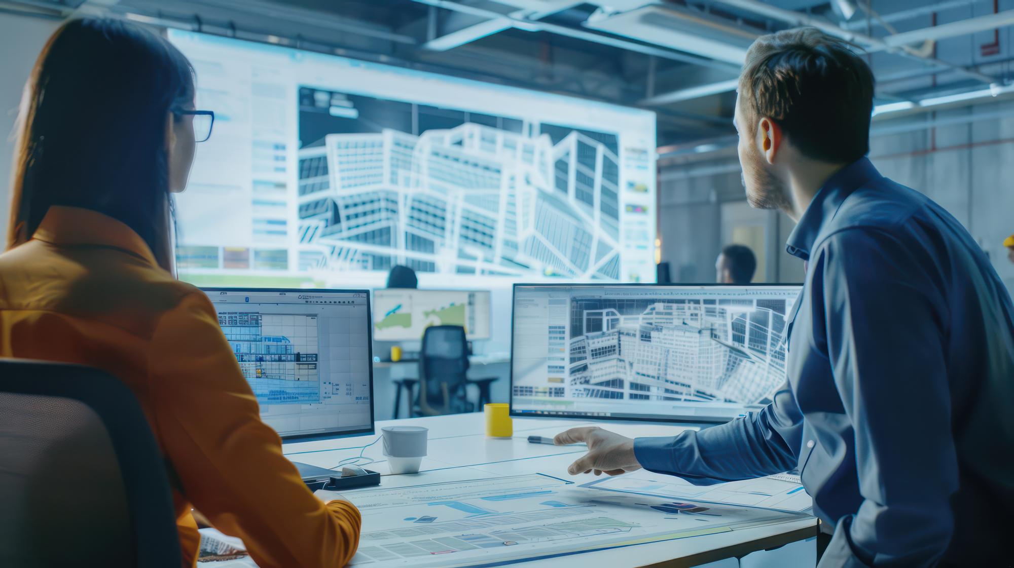 Representar um modelo de construção 3D exibido em uma tela grande durante uma reunião de planejamento de projeto