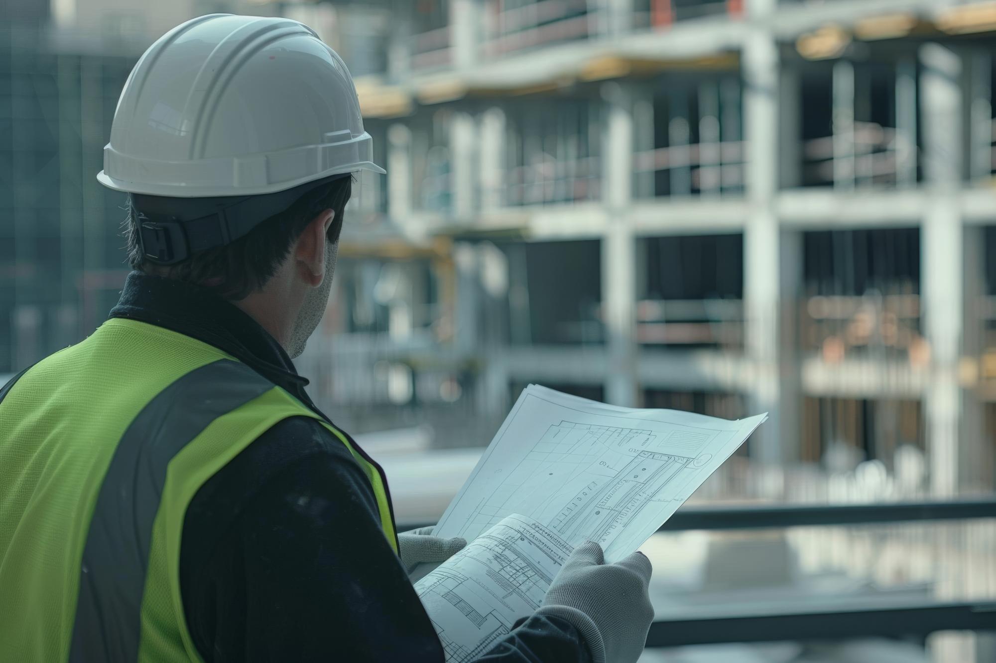 Trabalhador de construção examinando planos de construção no local