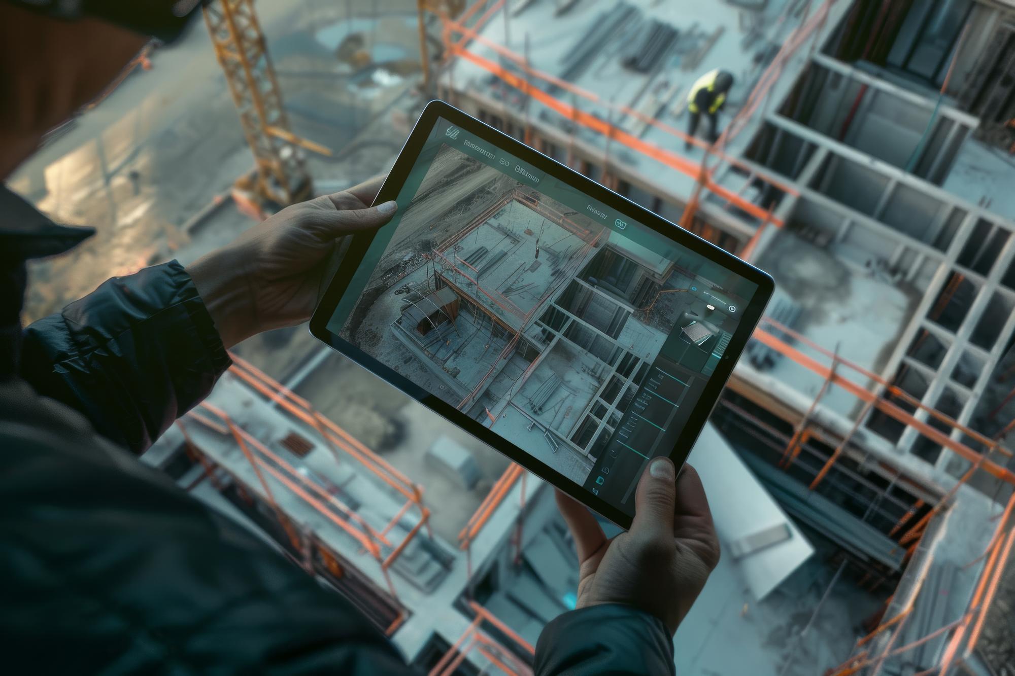Um trabalhador revisa os planos de construção num tablet acima de um local movimentado, destacando o impacto transformador da tecnologia na indústria