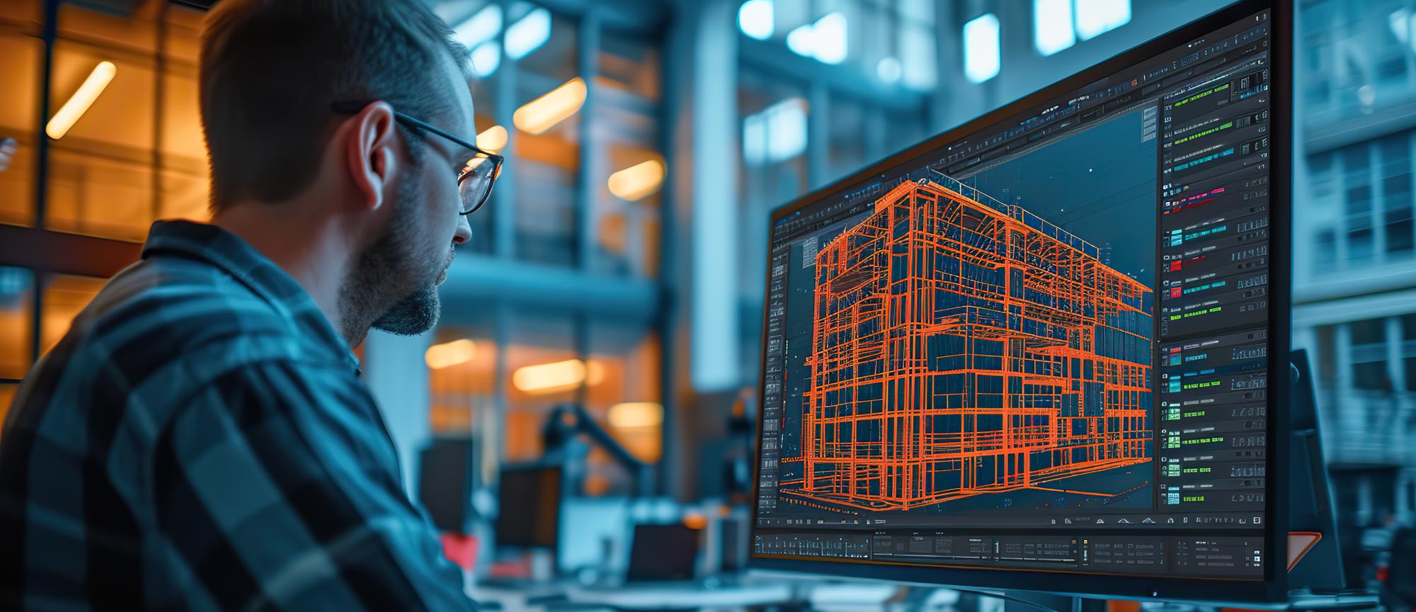 Um engenheiro de roupa casual está revisando atentamente um projeto estrutural complexo no monitor de seu computador em um escritório contemporâneo
