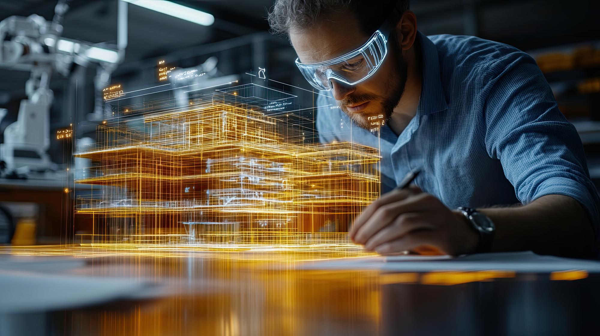Um close de um engenheiro trabalhando em um modelo 3D virtual de um edifício com ferramentas de realidade aumentada flutuando em torno da estrutura e esquemas detalhados sobrepostos ao ambiente do mundo real