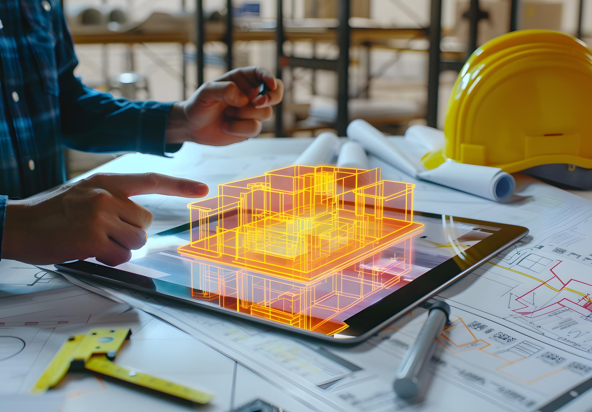 uma pessoa está apontando para um tablet com uma ferramenta de construção amarela