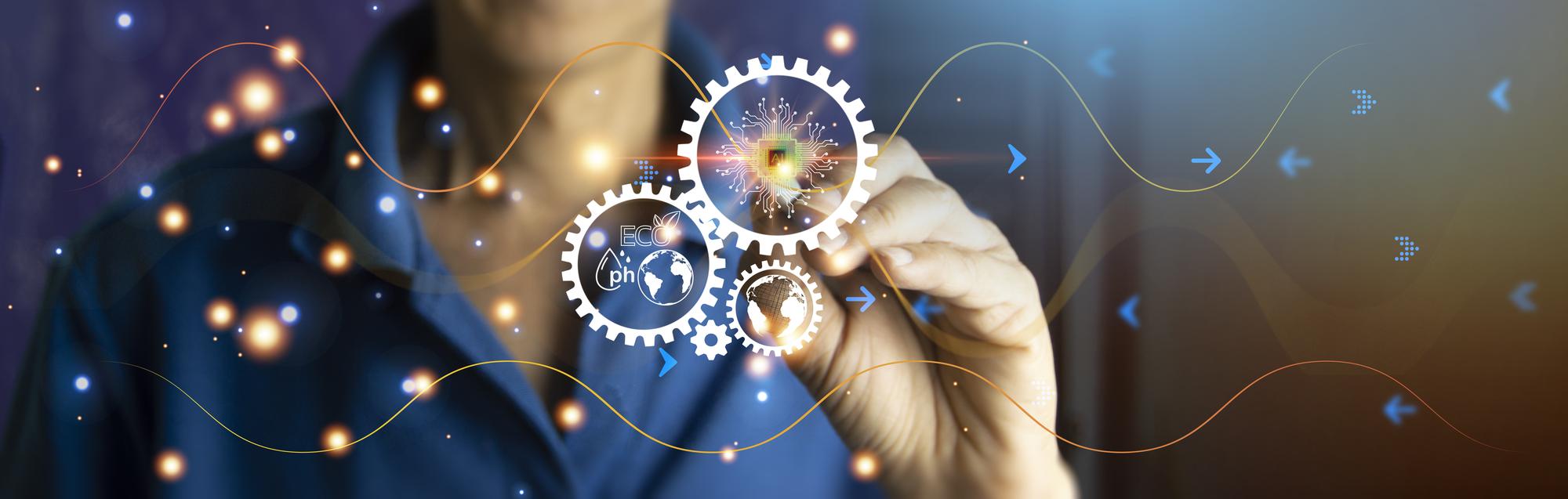 Visualização abstrata de engrenagens e circuitos digitais se conectando, representando o alinhamento entre gestão estratégica e tecnologia robusta.