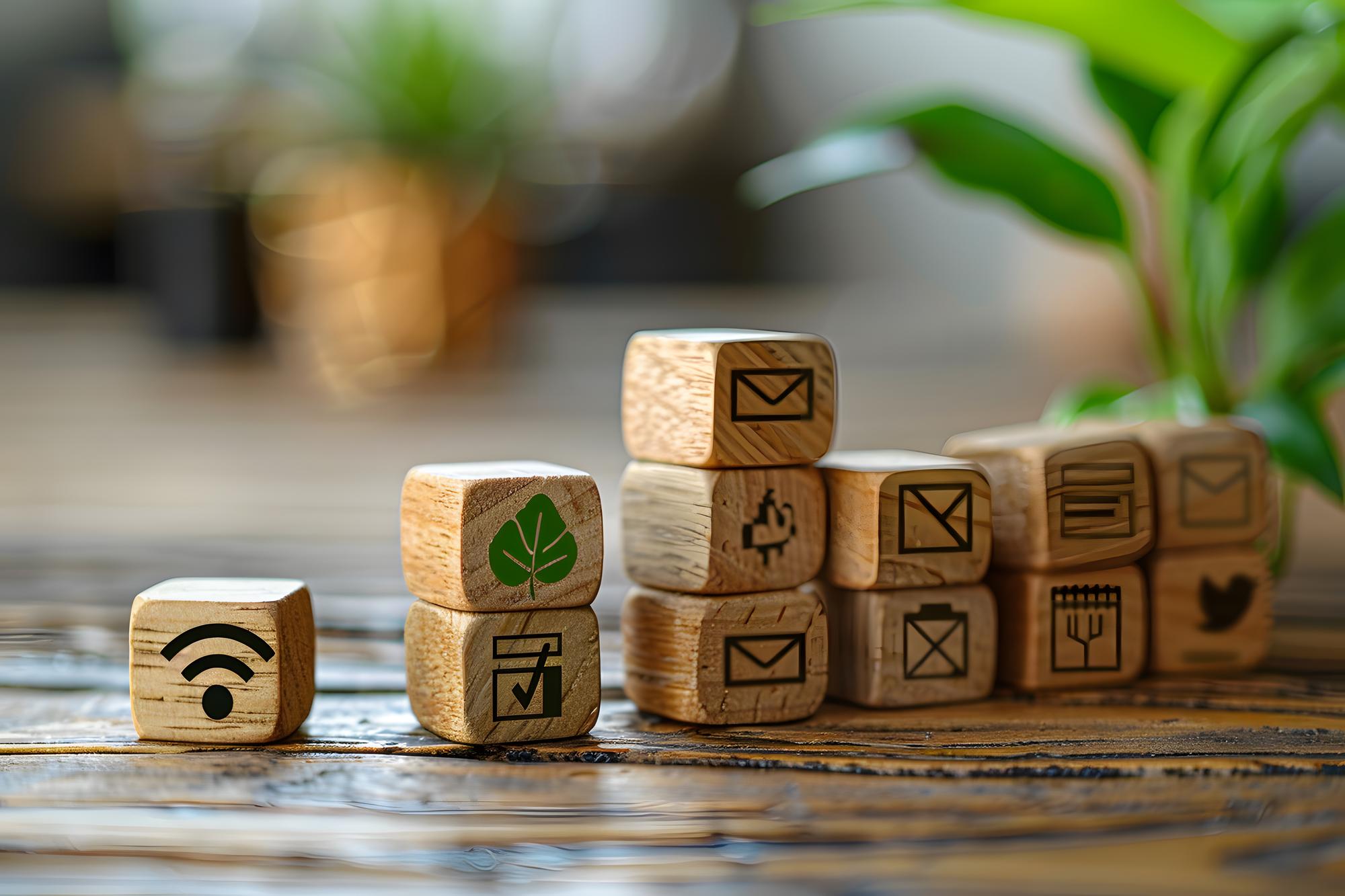 Blocos de madeira com ícones representando tecnologia de comunicação e sustentabilidade