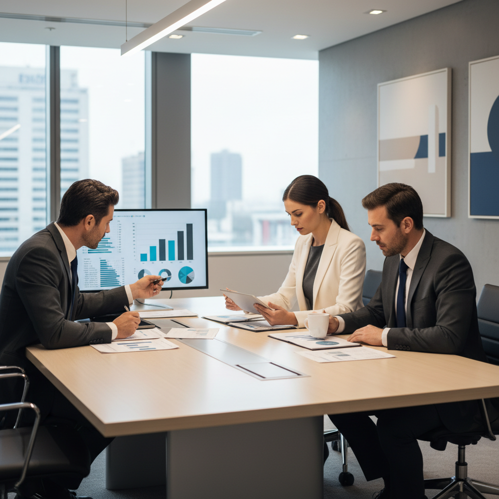 Equipe de gestores de varejo analisando relatórios jurídicos com foco em redução de custos e compliance em ambiente corporativo moderno com tons roxos