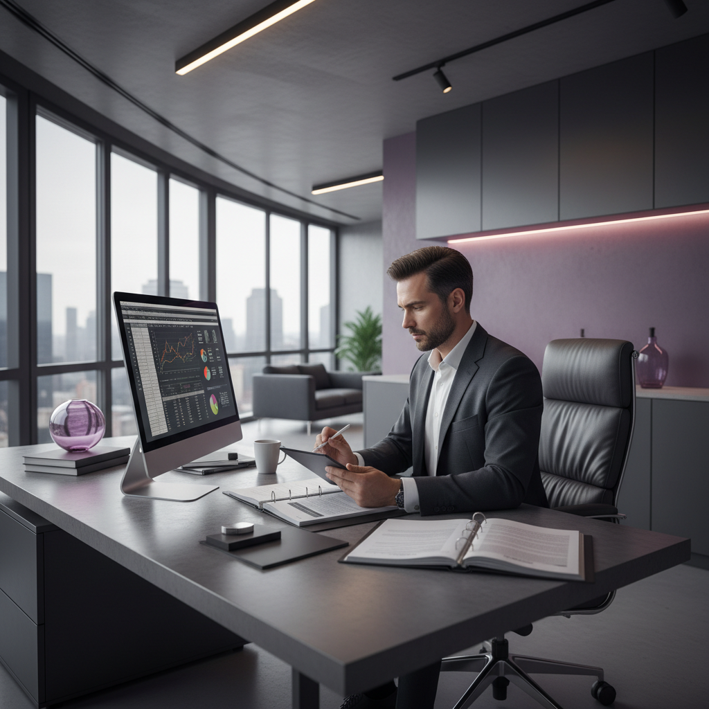 Empreendedor analisando contratos e documentos financeiros em um escritório moderno com tons de roxo e cinza