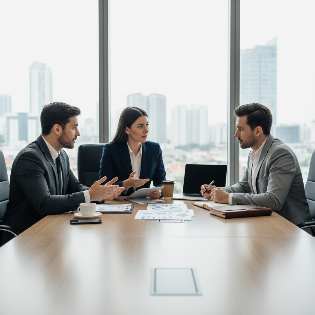 Reunião estratégica entre advogados e empresário discutindo compliance trabalhista e contratos