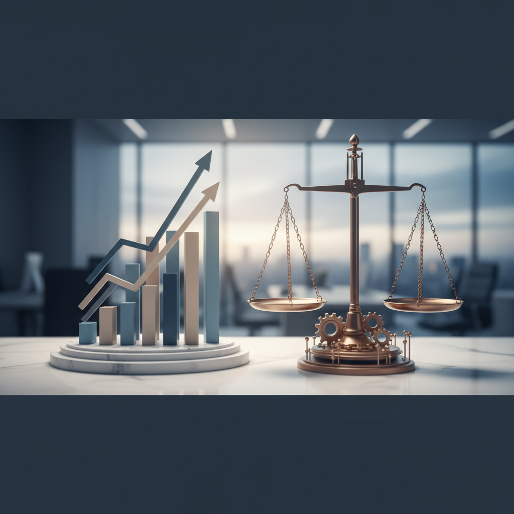 Gráficos de crescimento empresarial e balança da justiça simbolizando segurança jurídica