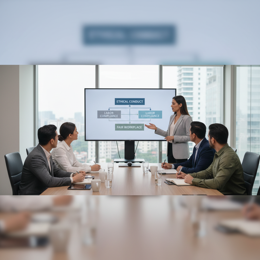 Equipe de gerentes de loja em treinamento sobre condutas éticas e compliance trabalhista em ambiente corporativo moderno