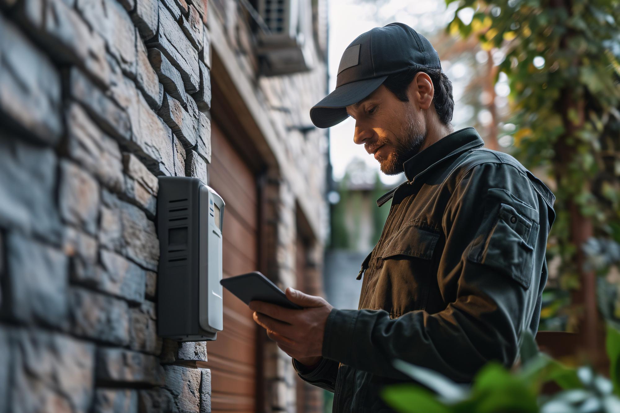 Um técnico uniformizado usa um tablet para inspecionar e limpar os filtros do ar condicionado que oferece serviços de manutenção doméstica