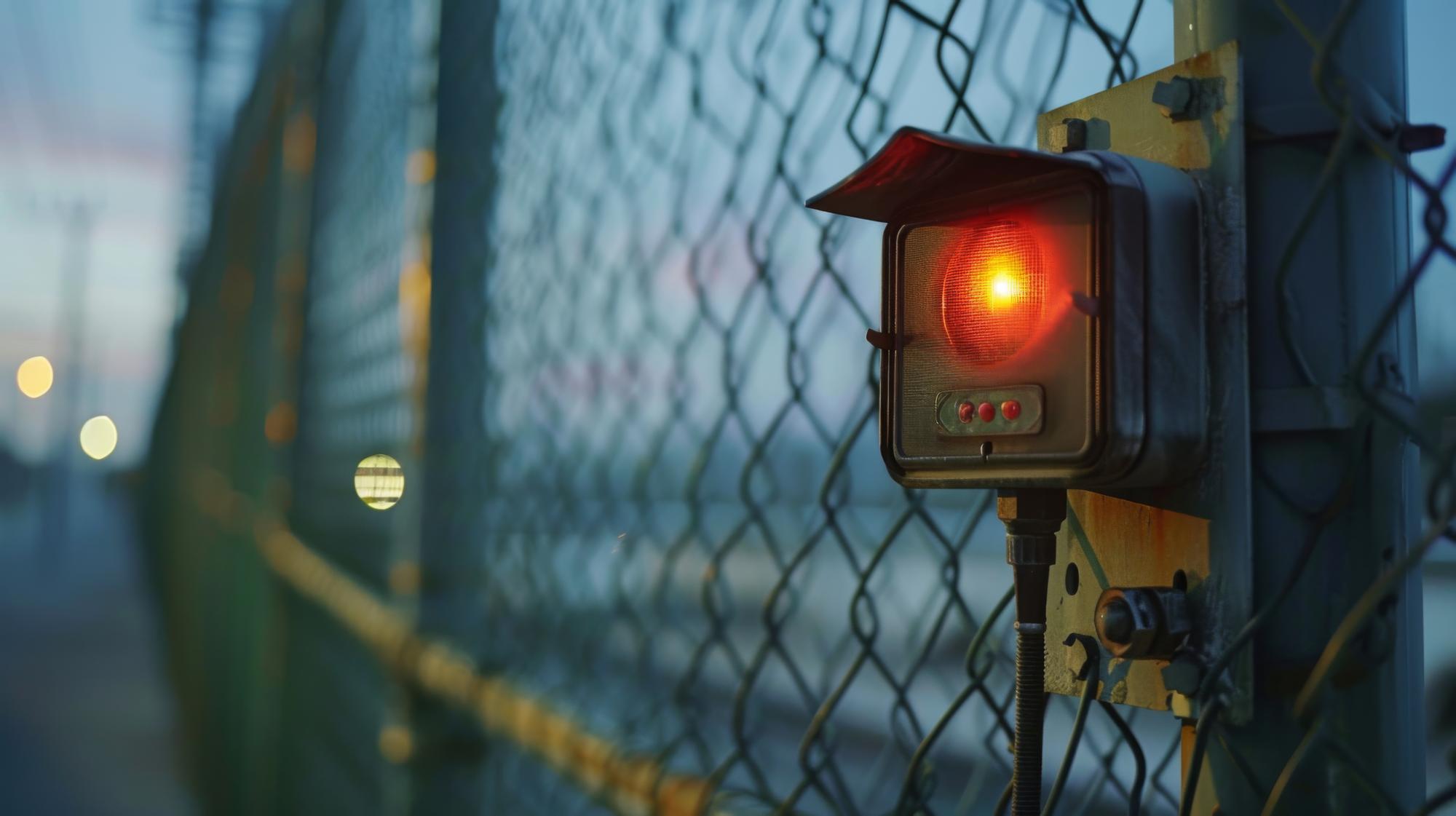 Close-up de uma câmera de segurança com uma luz vermelha brilhante montada em uma cerca de cadeia destacando vigilância e segurança