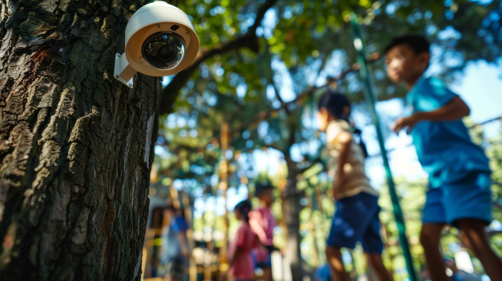 Uma família feliz brincando no jardim de casa, com o sistema de segurança visível mas discreto ao fundo, transmitindo paz e proteção