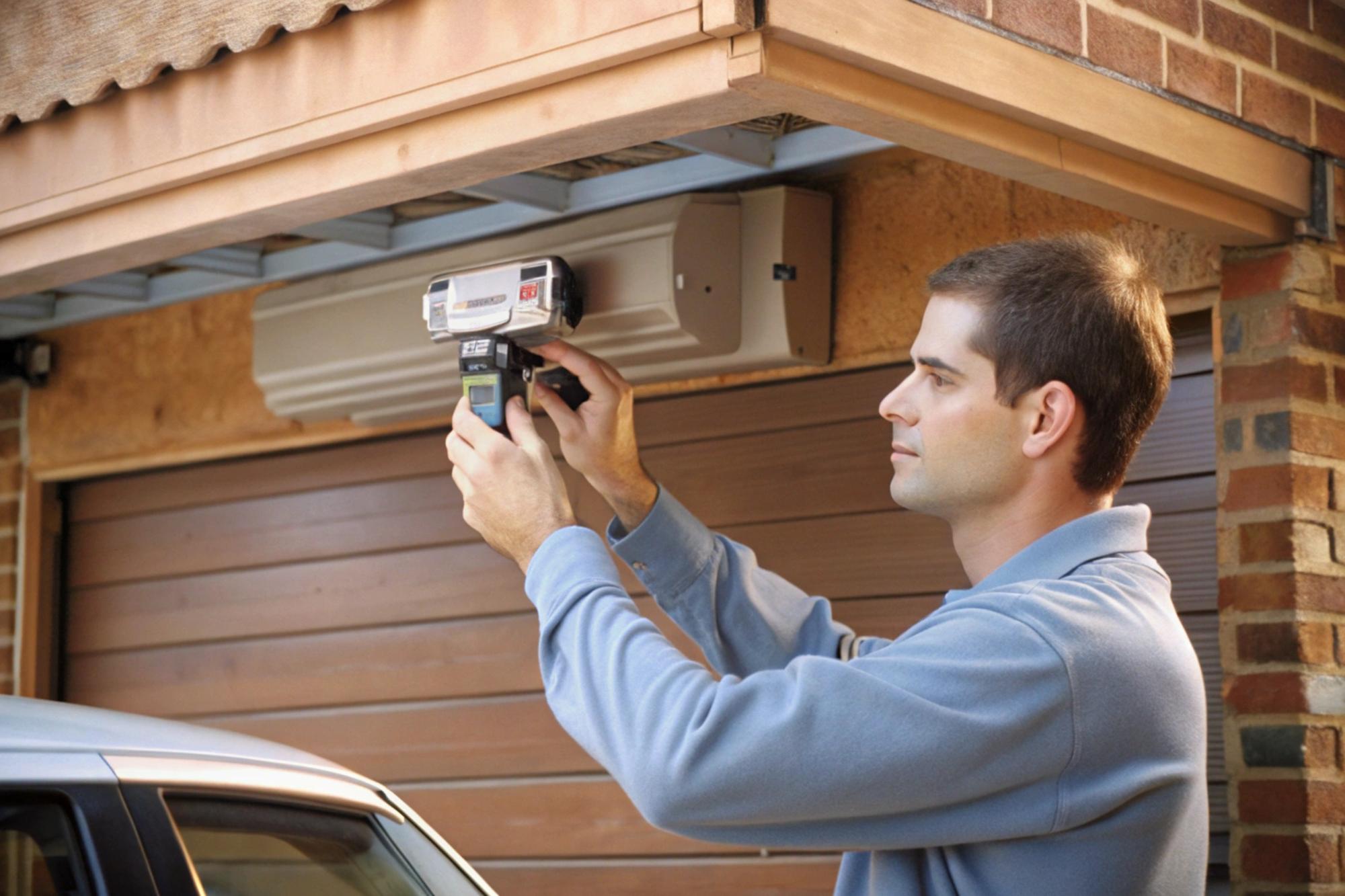 Técnico instalando o abridor da porta da garagem, ajustando o mecanismo do motor com controle remoto
