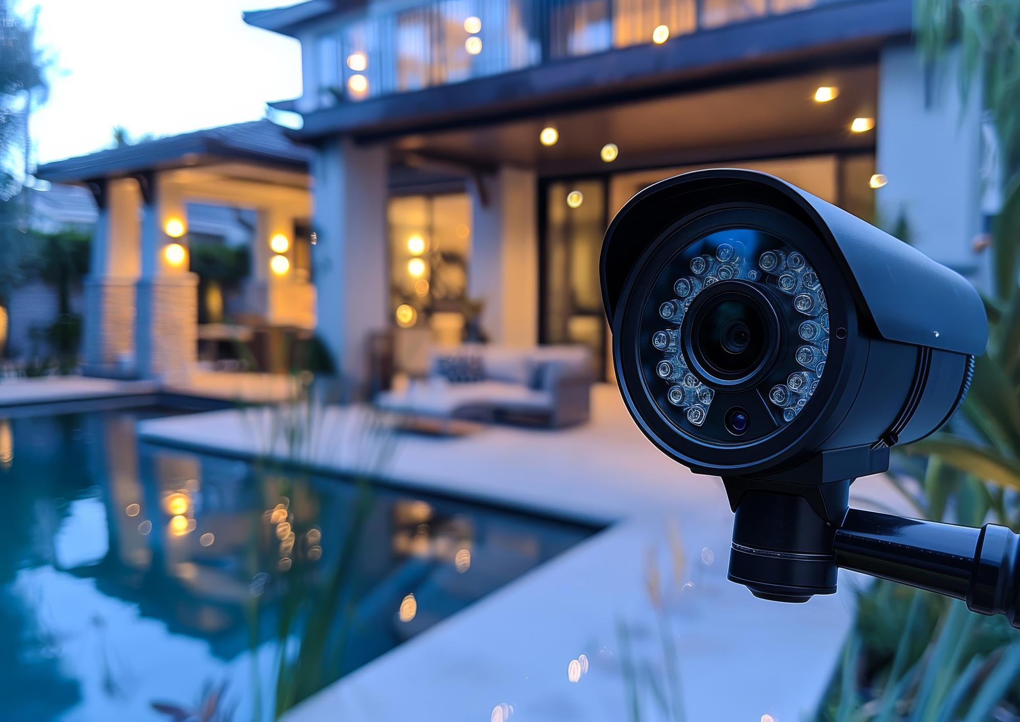 Câmera de segurança com vista para a piscina ao anoitecer Uma câmera de segurança preta montada em um poste tem vista para uma piscina e área de pátio de uma casa moderna