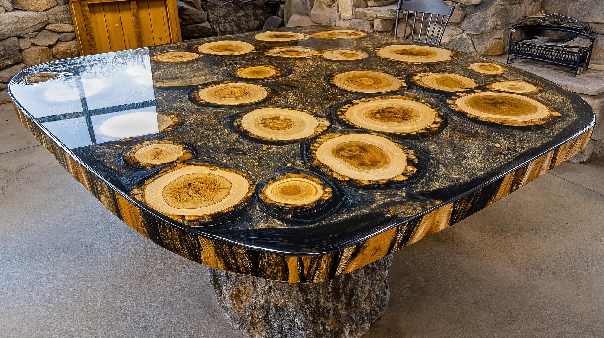Mesa de jantar elegante com cima de resina polida com fatias de madeira natural em um espaço interior aconchegante