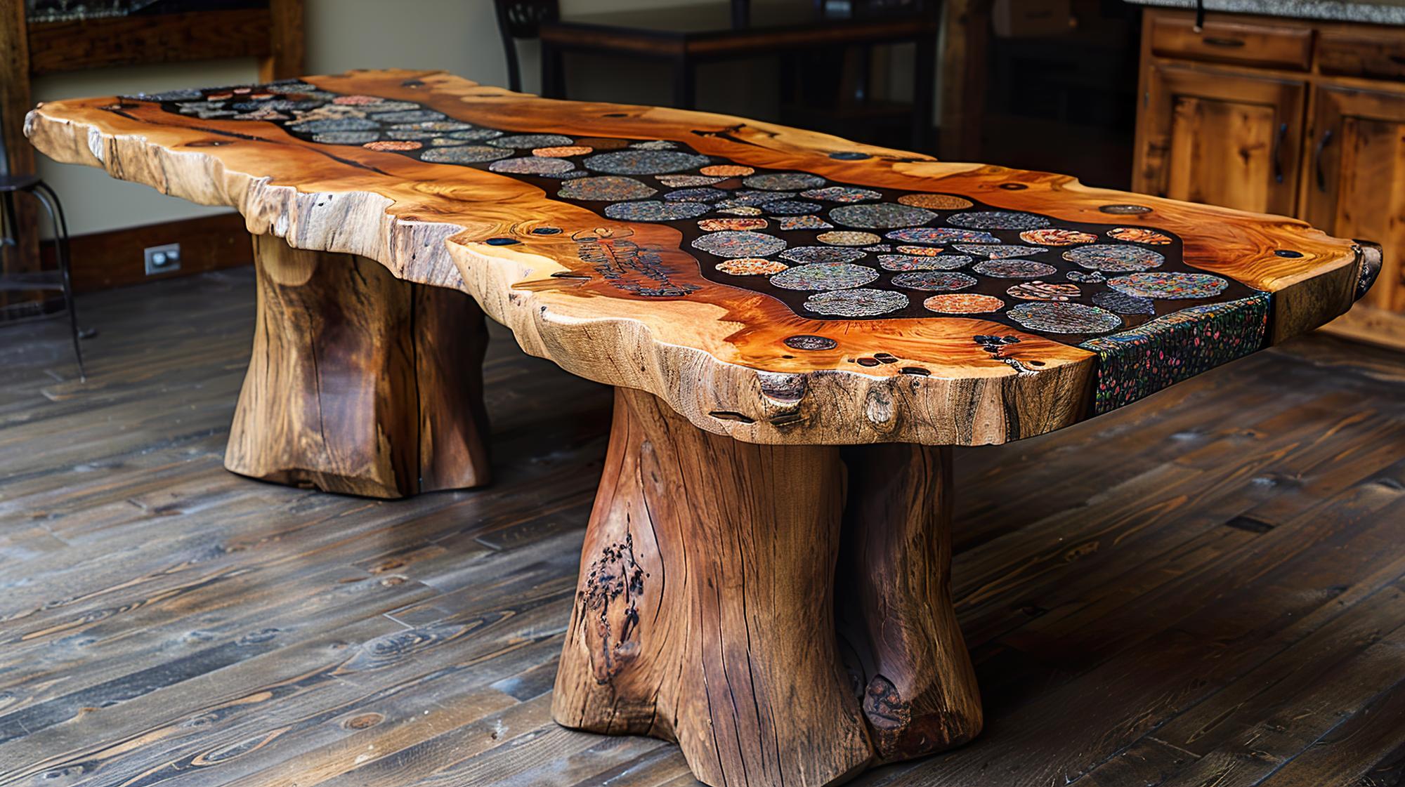 uma mesa feita de um tronco de árvore que foi feita por uma empresa chamada uma cidade