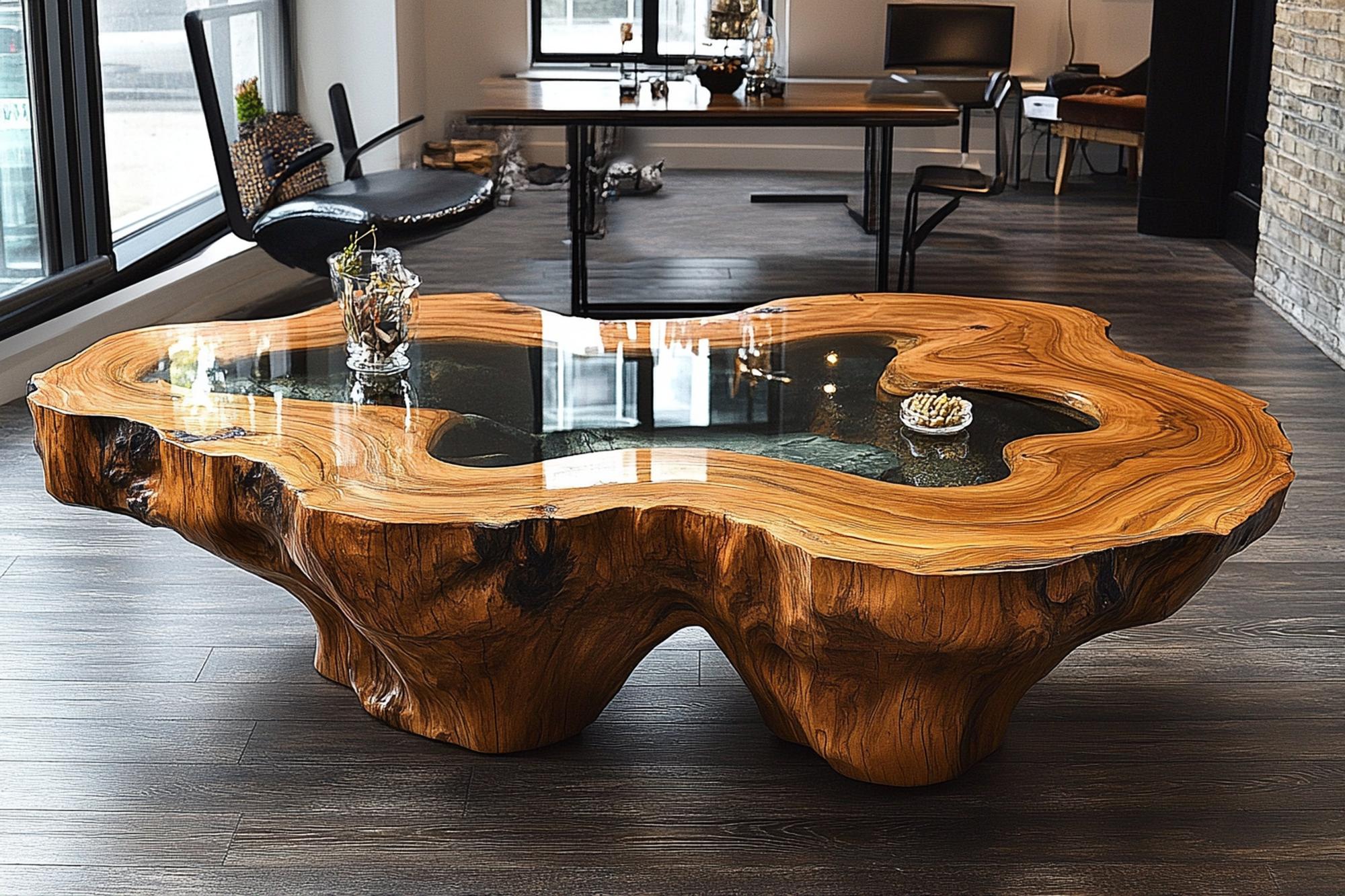 Mesa de sala de estar rústica criativa com detalhes esculpidos à mão e materiais naturais ar 32 c 25