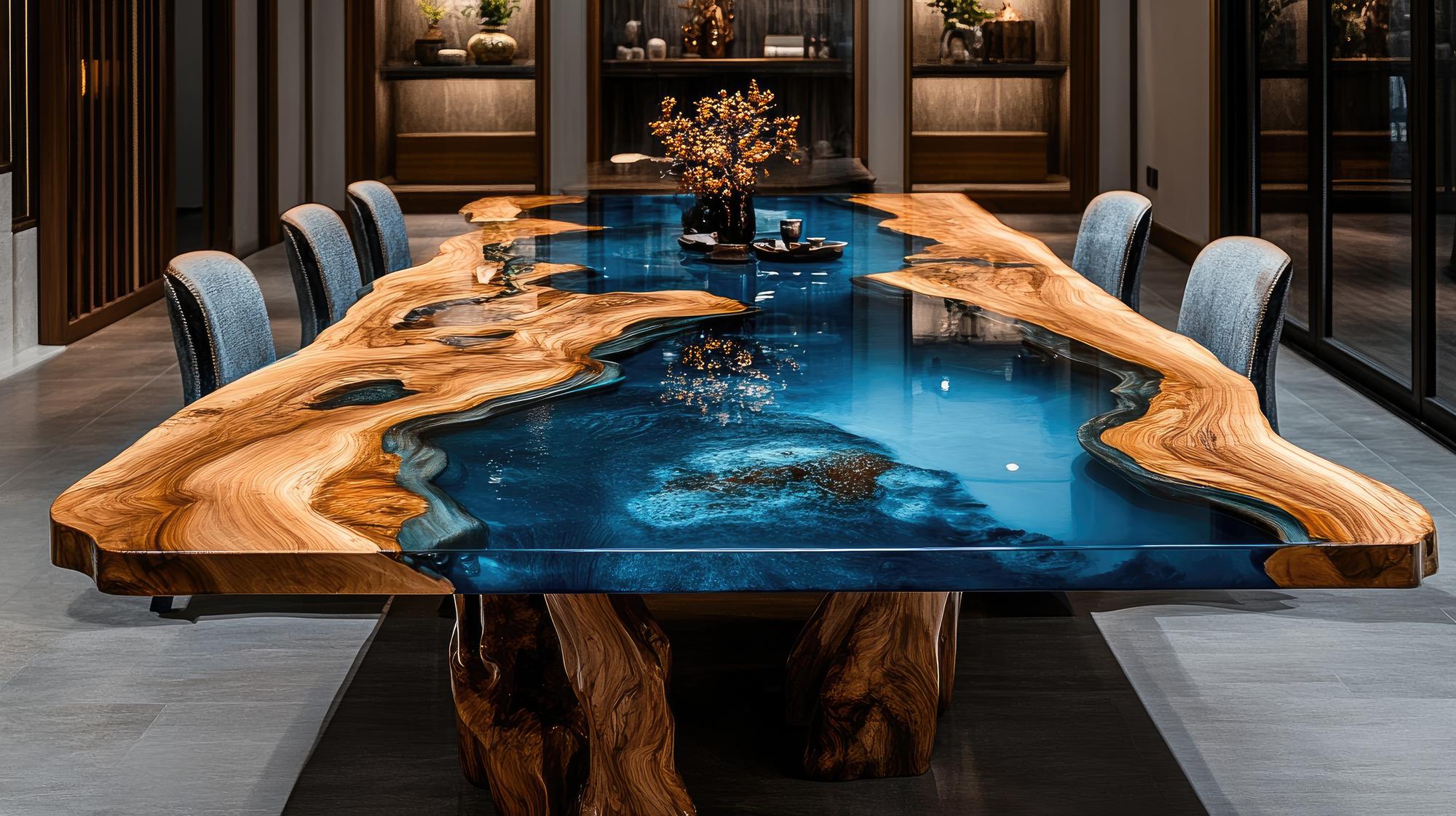 Interior moderno da sala de jantar com mesa de madeira de borda viva e resina epóxi azul