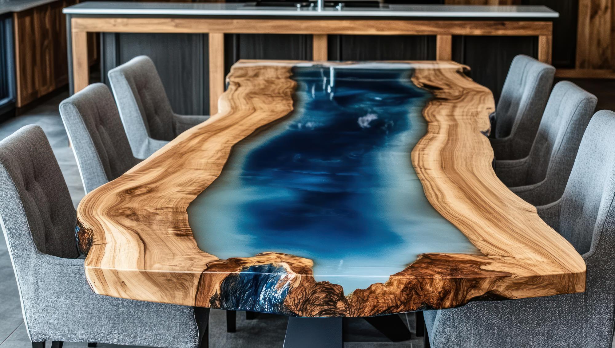 Mesa de borda viva com incrustação de resina azul