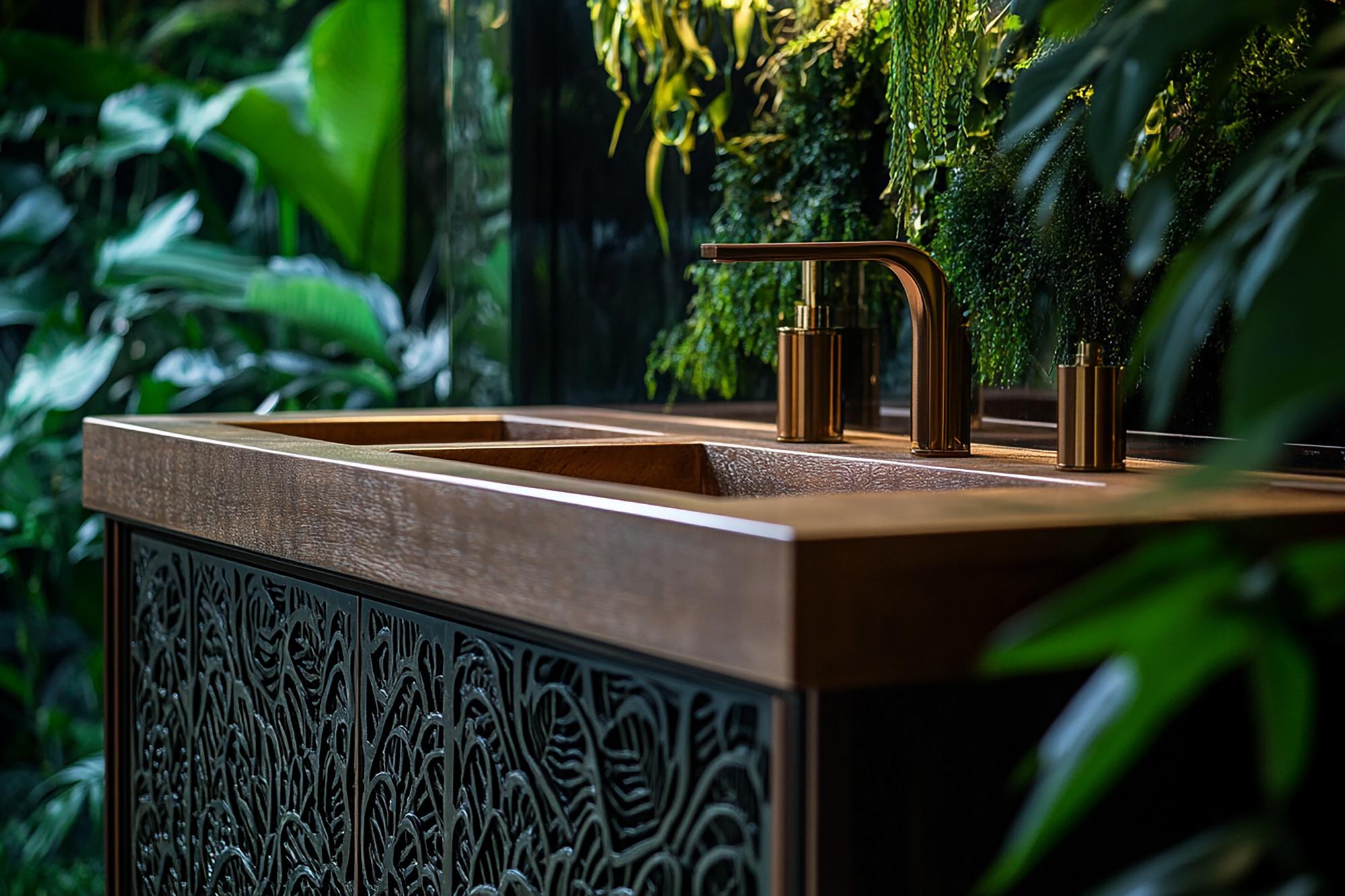 Um close-up de uma vaidade moderna com uma opulenta decoração do sudeste asiático