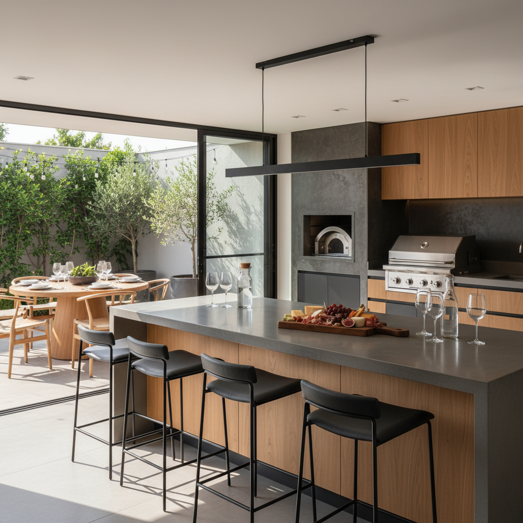Área gourmet moderna com mesa de madeira maciça de bordas orgânicas e iluminação pendente suave